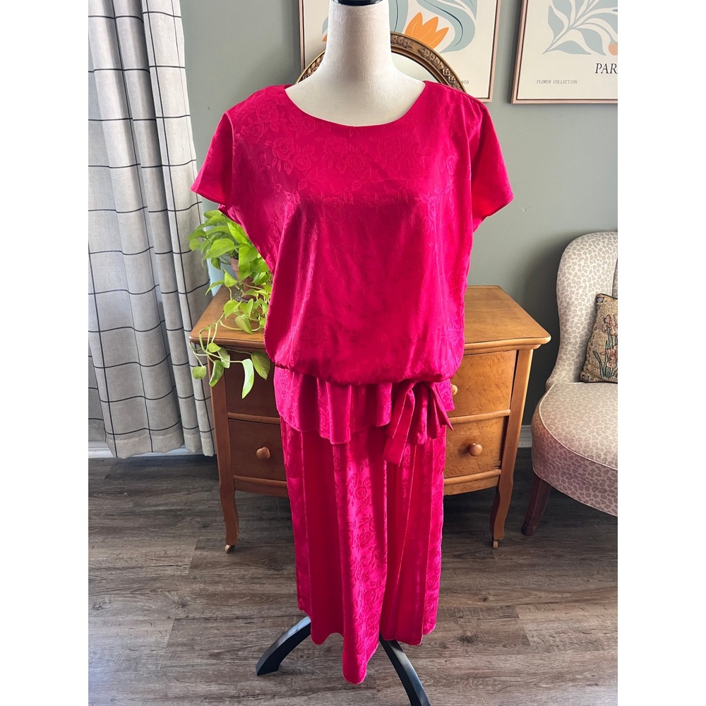 Vintage REO Originals Pink Floral Jacquard Drop Waist Dress Fuchsia Retro M